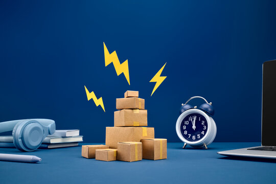 Fast delivery concept with stacked boxes and alarm clock