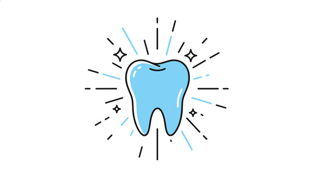 Shiny blue tooth icon surrounded by radiating light bursts and sparkles representing professional dental hygiene.