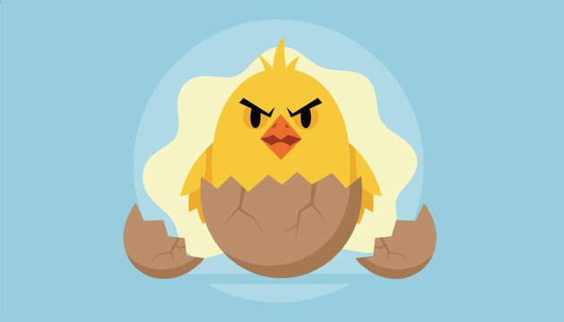 Funny cartoon illustration of an angry yellow baby chick hatching from a cracked brown egg on a blue background.