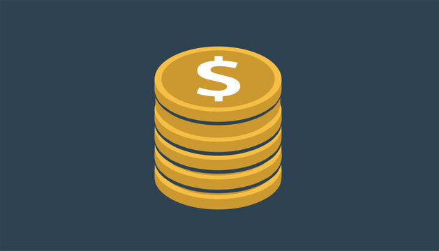 Isometric stack of gold dollar coins on a dark blue background representing wealth, savings, and financial banking.