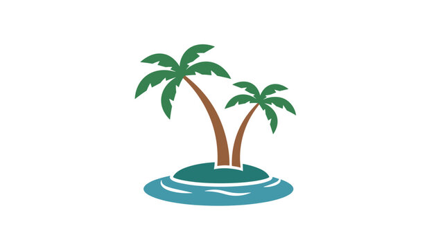 Flat vector icon of a tropical island featuring two green palm trees surrounded by gentle ocean waves.