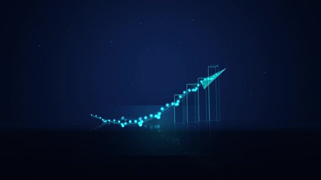 Digital financial growth chart with glowing data points and rising arrow, business analytics concept, 3 d abstract technology background