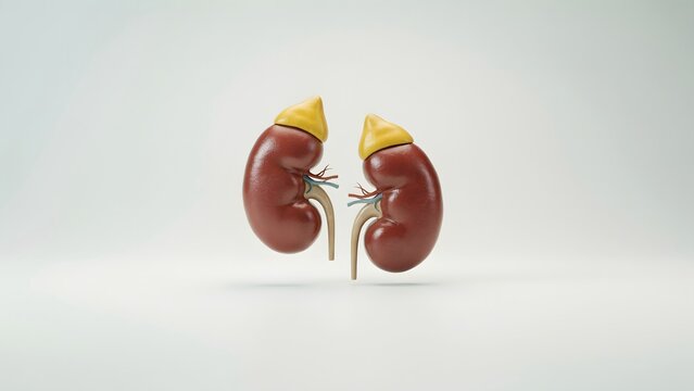 Detailed model of human kidneys with adrenal glands and ureters on plain white background