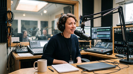 Fototapeta premium Woman speaking into microphone in radio studio with sound equipment