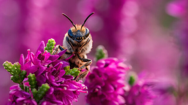 Heather mining bee (Andrena fuscipes) on purple heather flowers, beautiful detailed macro photo with pink bokeh, shallow depth of field, and colorful floral background