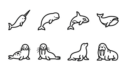 Arctic Marine Mammals: A charming collection of outline illustrations depicting various arctic marine animals, including a narwhal, beluga whale, orca, humpback whale, seal, walrus, and sea lion. © afrin