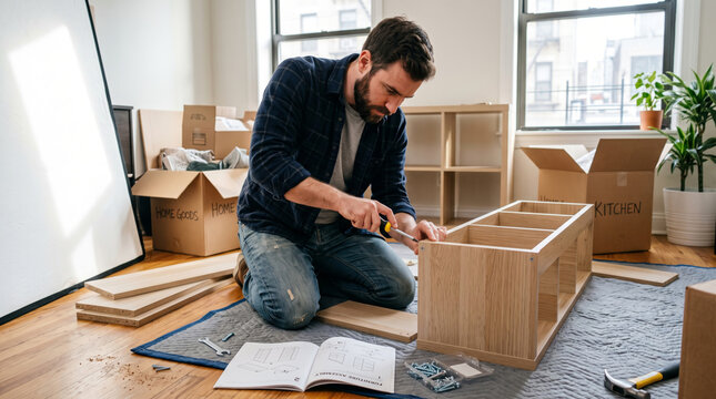 Man assembling flat pack furniture in a new apartment with moving boxes around