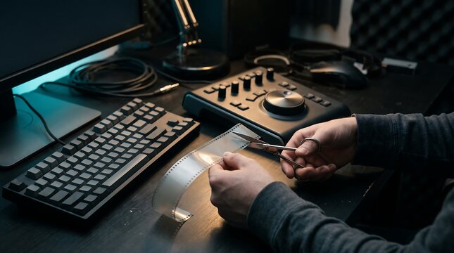 Music producer using audio mixer in dark home studio