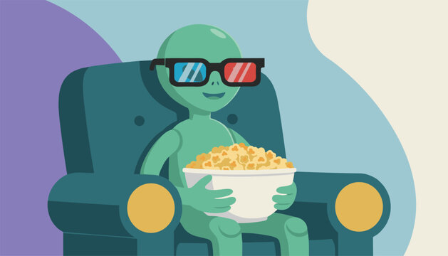 Friendly green alien character sitting in a comfortable armchair while wearing 3D glasses and holding a big bowl of popcorn.