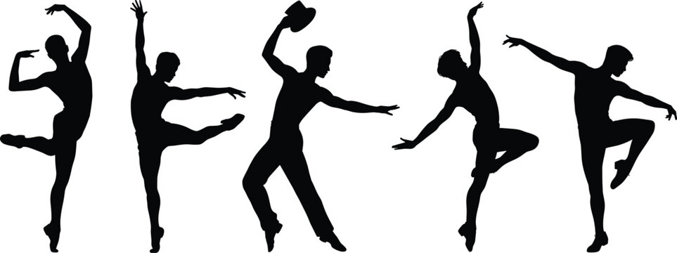 Black silhouette of five male dancers performing dynamic choreography in various poses dancing