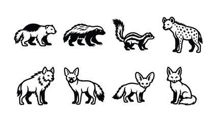 Fototapeta premium Collection of Diverse Wild Animals: An illustration featuring a variety of wild animals, including a badger, wolverine, skunk, hyena, wolf, fennec fox, and another fox.