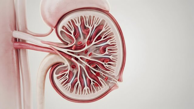 Detailed illustration of human kidney anatomy with blood vessels and internal structure