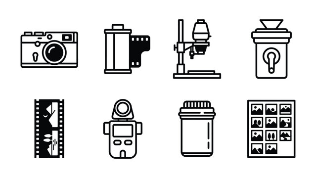 Collection of Vintage Photography Equipment: A set of graphic icons depicts vintage photography tools, including a film camera, film roll, enlarger, and photo album.