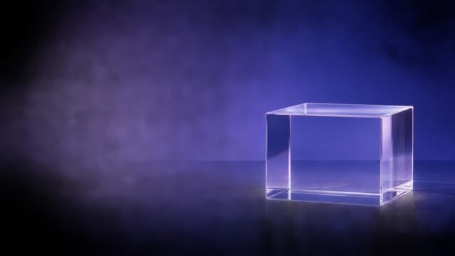 Transparent glass cube pedestal standing on dark reflective surface with foggy blue background for modern display photography