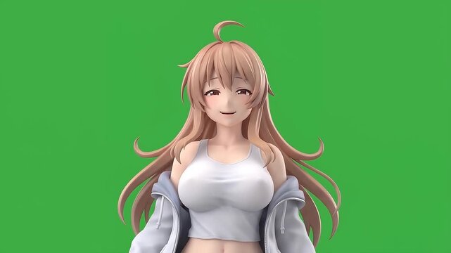 Cute Kawaii Anime Girl Laughing expression Close-Up 3D Character Loop - 4K Green Screen Chroma Key