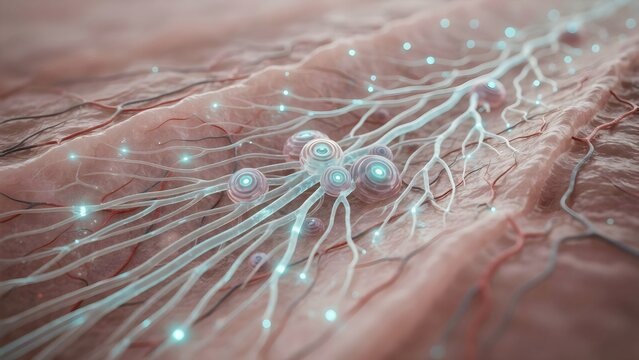 Close-up of tactile nerve cells with glowing synapses in human skin tissue