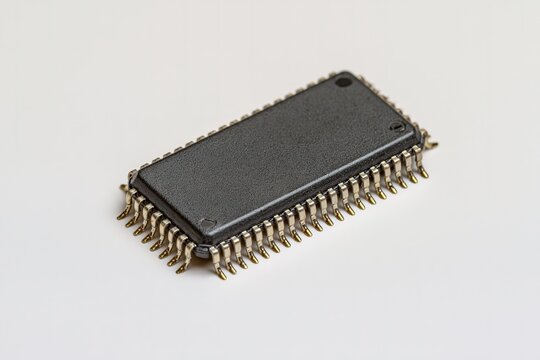 Microcontroller with metallic pins against black surface, isolated on white background.