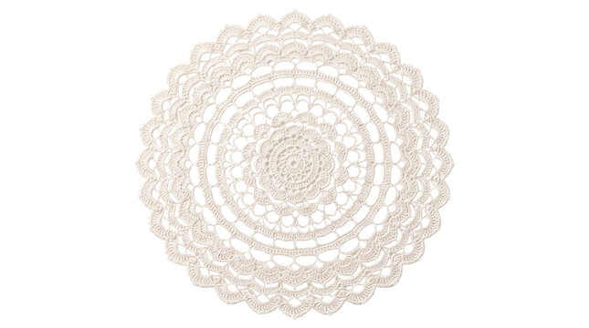 Vintage white crochet doily on white background, handmade lace mandala with intricate floral patterns, elegant round cotton textile for home decor