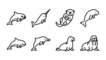 Fototapeta premium Ocean Mammal Icons: A collection of stylized black and white icons depicting various marine mammals such as dolphins, a narwhal, a seal, a manatee, an otter, and a walrus.