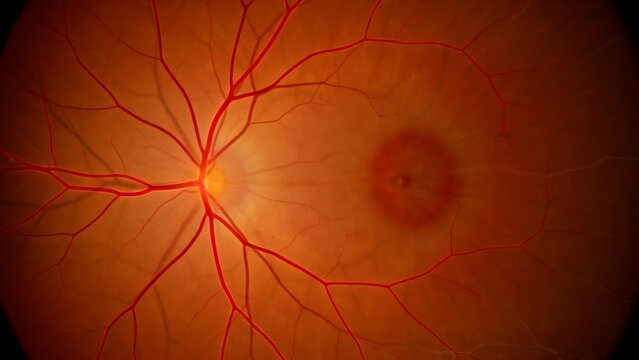 Close-up view of human eye retina showing optic nerve and macula area