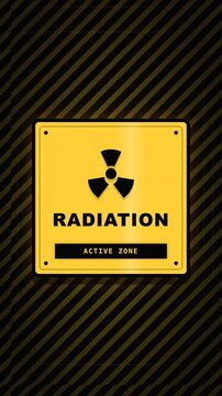 Yellow radiation hazard warning sign for active zone with black hazard stripes background.