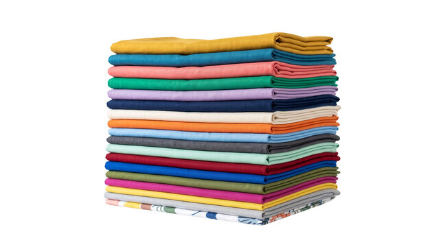 A colorful stack of folded fabric cloths and napkins, isolated on transparent background