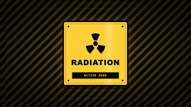 Yellow radiation hazard warning sign for active zone with black caution stripes.