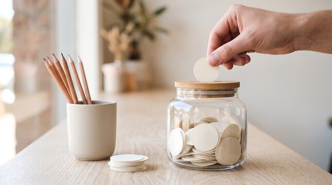 Person putting a small paper note into a glass jar