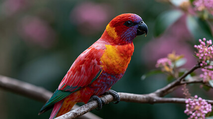 Obraz premium colorful pink and orange parrot perched on branch representing exotic bird wildlife nature and tropical beauty concept design