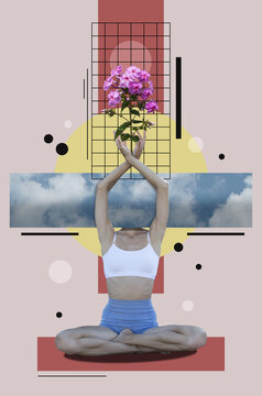 Collage art with a woman sitting in meditative pose and phlox flower