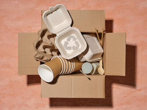 Eco-friendly packaging and disposable items in a cardboard box