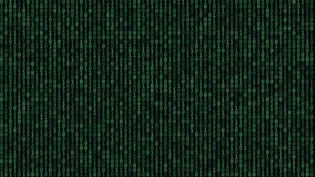Falling green binary code on black background representing digital data and cybersecurity.