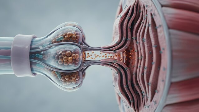 Detailed illustration of a nerve synapse transmission involving electrical and chemical signals in the human nervous system