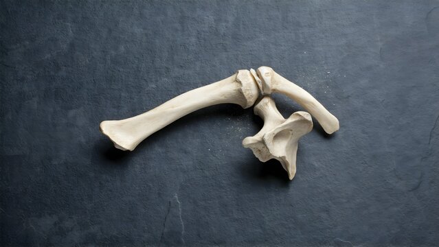 Disassembled human arm bone with shoulder joint on black surface for anatomy study