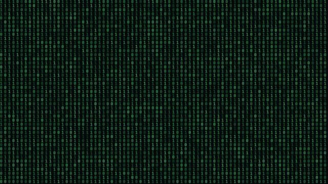 Abstract green binary code matrix background with scrolling digital data for cyber security and programming concepts.