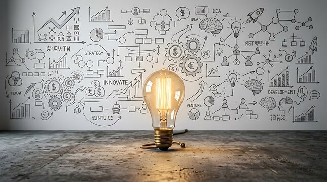 A glowing light bulb placed in front of a wall with business strategy sketches.