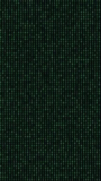 Dense green binary code falling on a black background in a matrix style digital stream.
