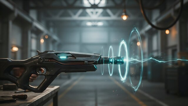 Futuristic Ray Gun in a High-Tech Factory Environment with Electric Wave Effects