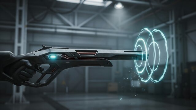 Futuristic digital weapon in a high-tech laboratory setting with holographic targeting display
