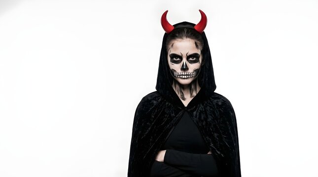 Young woman with spooky skull face paint and red devil horns wearing a black hooded cloak for a Halloween party or horror concept, isolated on a white background with copy space for text.