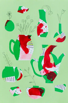 A pattern of colored paper, paint strokes, and pencil hatching