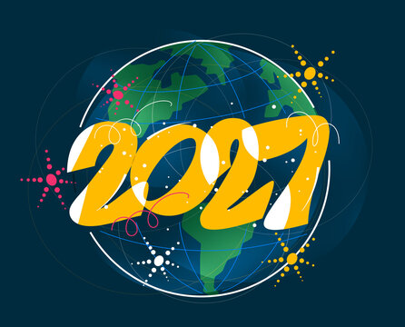 2027 numbers over globe with fireworks, confetti &ndash; concept of New Year
