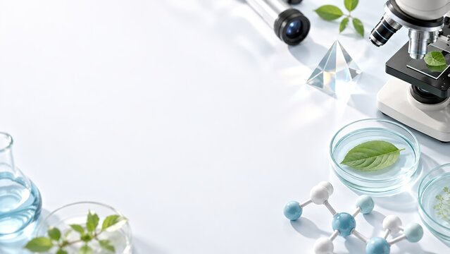 Scientific background with microscope molecular model and plant leaf with copy space for text