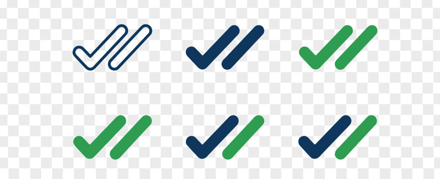 Set of six double check mark icons featuring various styles including outline and solid blue and green colors for user interface design elements and digital communication status indicators isolated