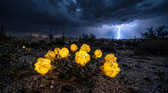 Vibrant yellow desert flowers blooming under a dramatic stormy sky with lightning strike.