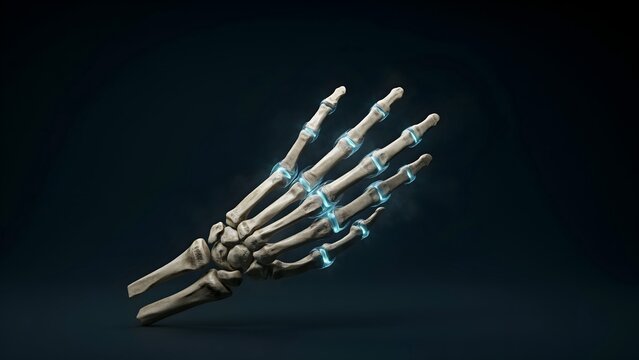Detailed anatomical model of a human hand skeleton with joints on a dark background