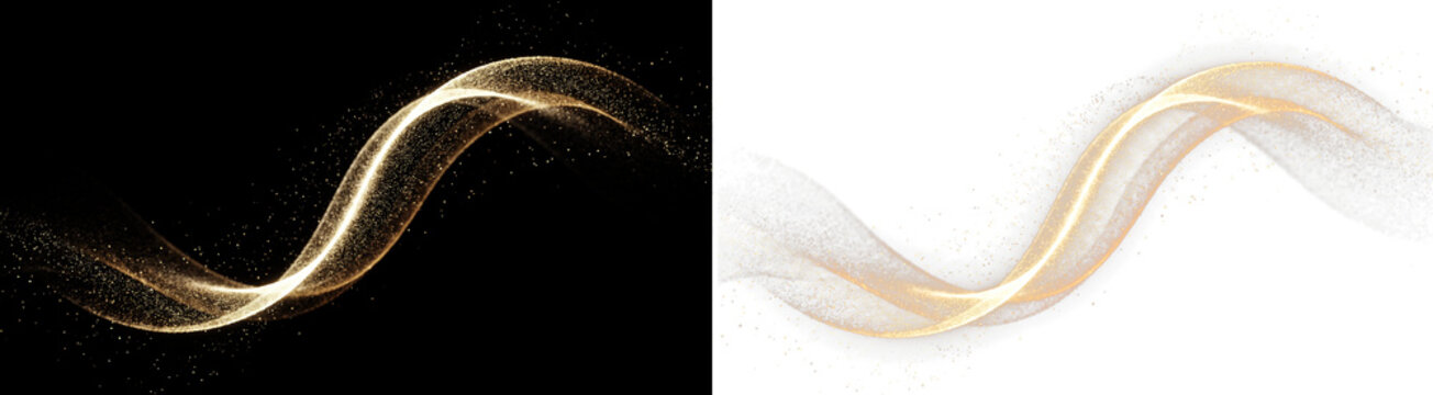 Png golden glitter wave with sparkles and light particles on black and transparent background