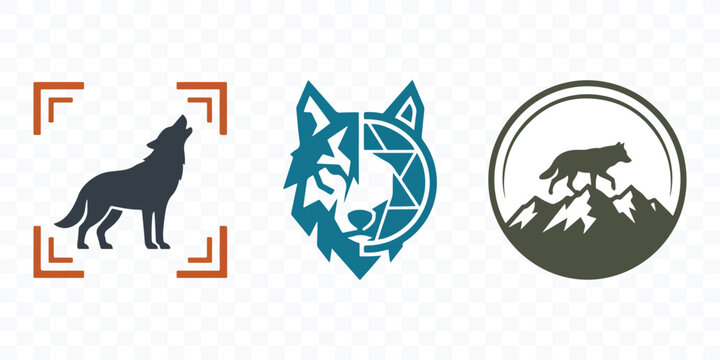 Modern wolf logo collection with geometric and framing elements wild animal mountain wolf vector icon graphic design element emblem design predator