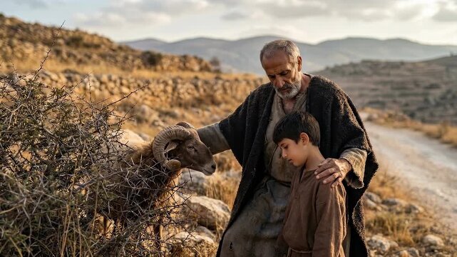 Abraham and Isaac Discover the Ram Caught in Thorns After the Binding of Isaac Symbolizing Faith Obedience Divine Provision Relief Covenant Sacrifice Hope and Biblical Redemption Genesis Story