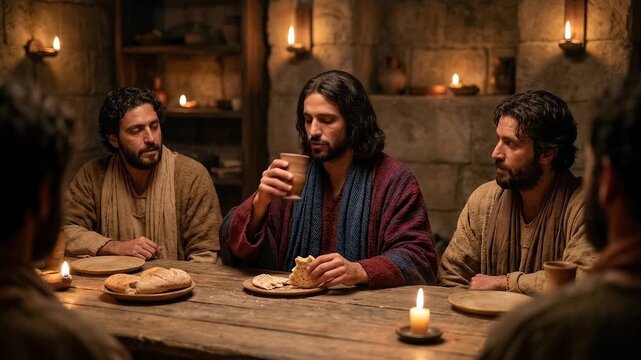 Jesus Christ Lifts the Chalice at the Last Supper Surrounded by Apostles Symbolizing Eucharist Communion Faith Covenant Sacrifice Fellowship Devotion Worship and Sacred Christian Tradition in Jerusale